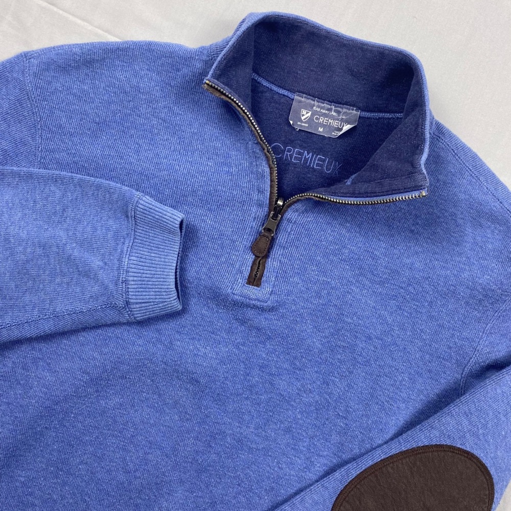 Cremieux Mens Blue 100% Cotton Quarter Zip Pullover Sweater Elbow Patches Medium